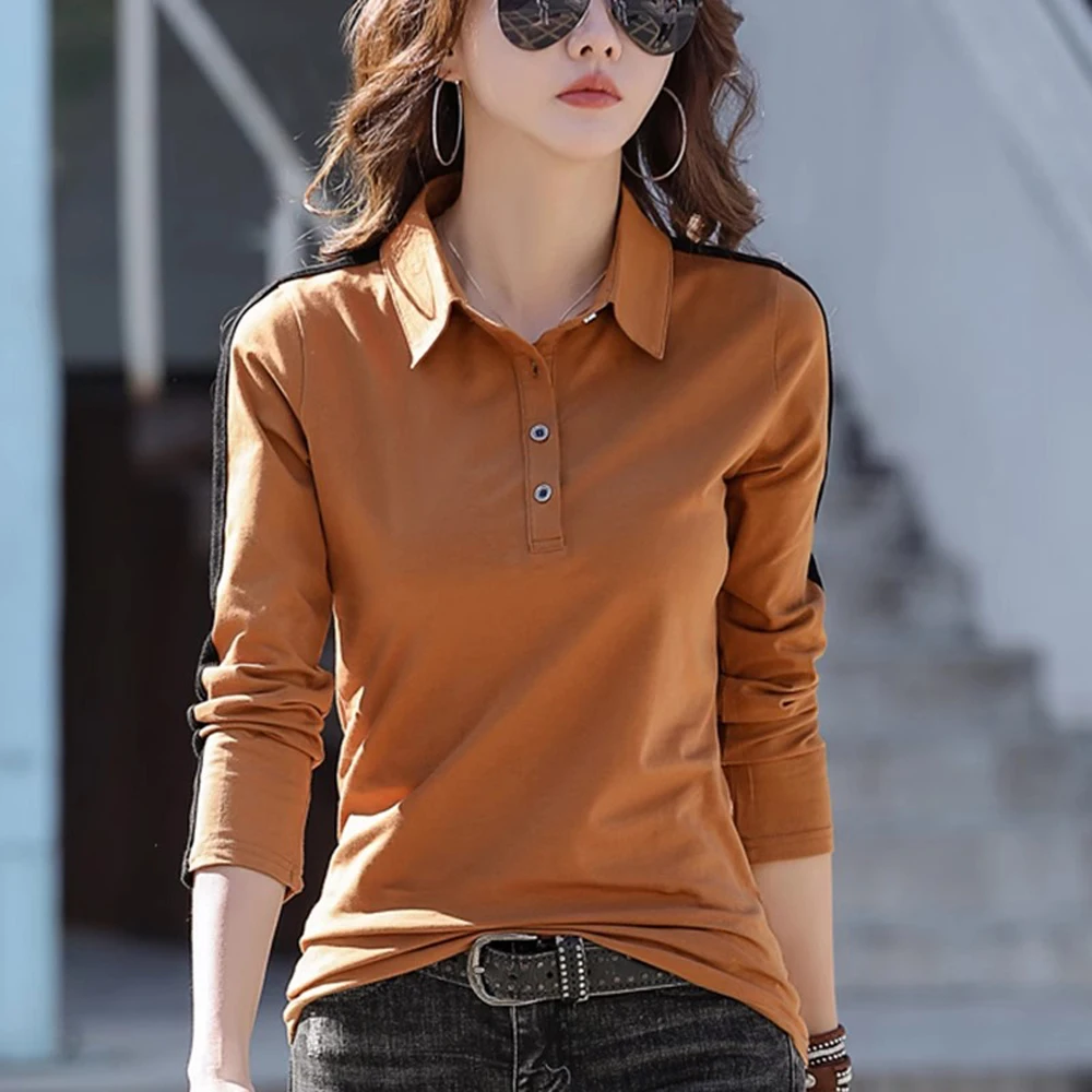 T-shirt à manches longues pour femme, station européenne, pur coton, col polo, haut décontracté, grande taille, léger, luxe, mode estivale, nouveau 1