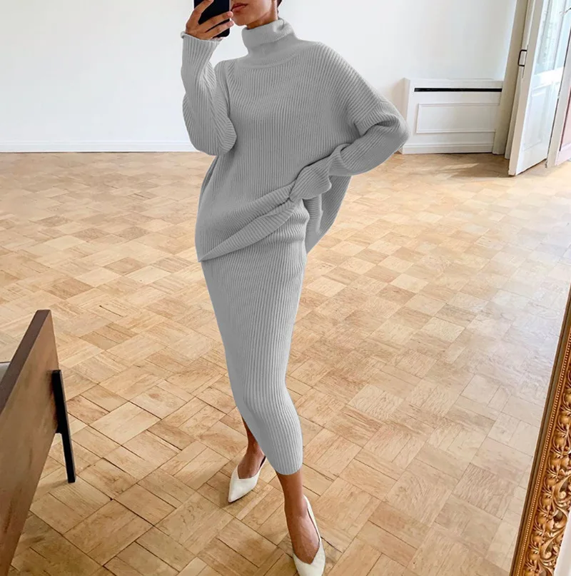 Knitted 2 Piece Outfit Set Casual Long Sleeve Sweater Top And Pencil Long Skirts Elegant Autumn Two Piece Sweater Sets