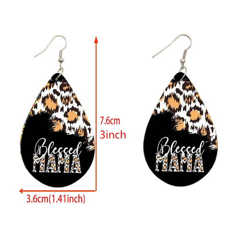 SOMESOOR Blessed MAMA Wooden Teardrop Earrings Colorful Leopard Print Dangle Jewelry Trendy Wood Ear Pendant For MOM Women Gifts