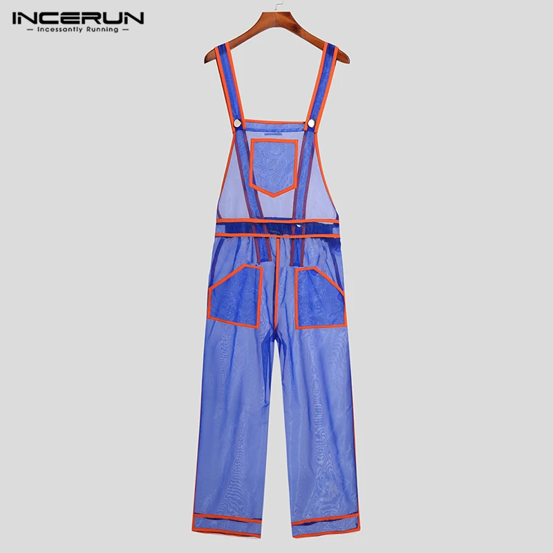 INCERUN Men Jumpsuits Mesh See Through Sexy Patchwork Pockets Sleeveless Straps Rompers Streetwear Fashion Men Overalls 5XL denim overalls men rompers