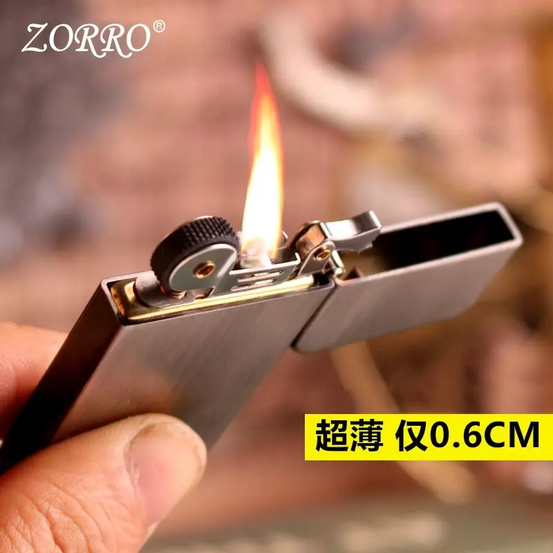 Zorro-薄い銅の本物の灯油ライター,点滅ホイール,点火,ウインド