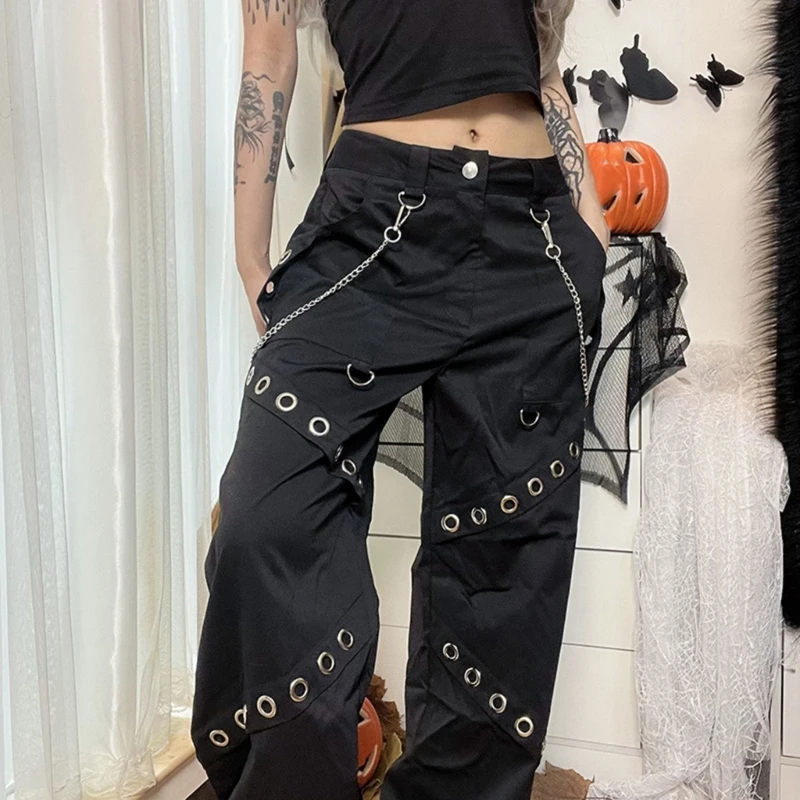 Women Personality Gothic Baggy Cargo Pants With Chain Metal Eyelets