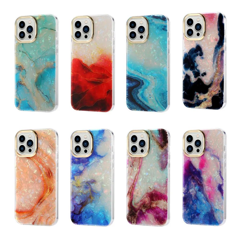 8PCS Shining Shell Pattern Case for iPhone, TPU + PC, Personalized, Electroplated Marble Cover for Apple iPhone 14, 13 Pro Max