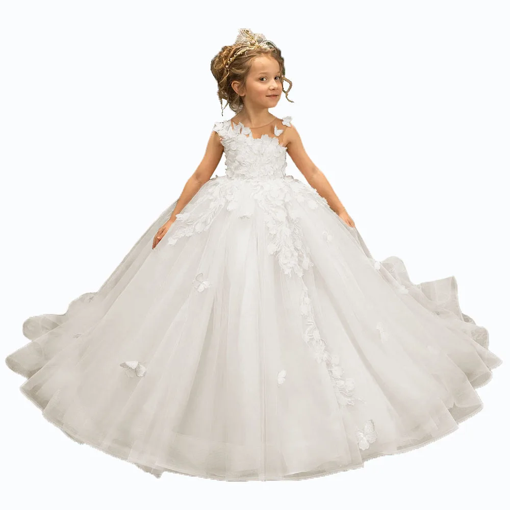 Girls Princess Dress 3D Appliques Flower Girl Dresses for Weddings Toddlers Ruffled Tulle Pageant First Communion Party Gowns