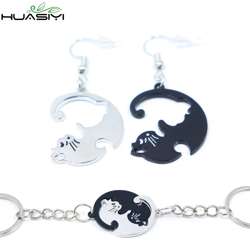 

Black White Cute Cat Couple Puzzle Earrings Stainless Steel Earring New Arrivals Drop Earring Handmade jewelry Patch Earings