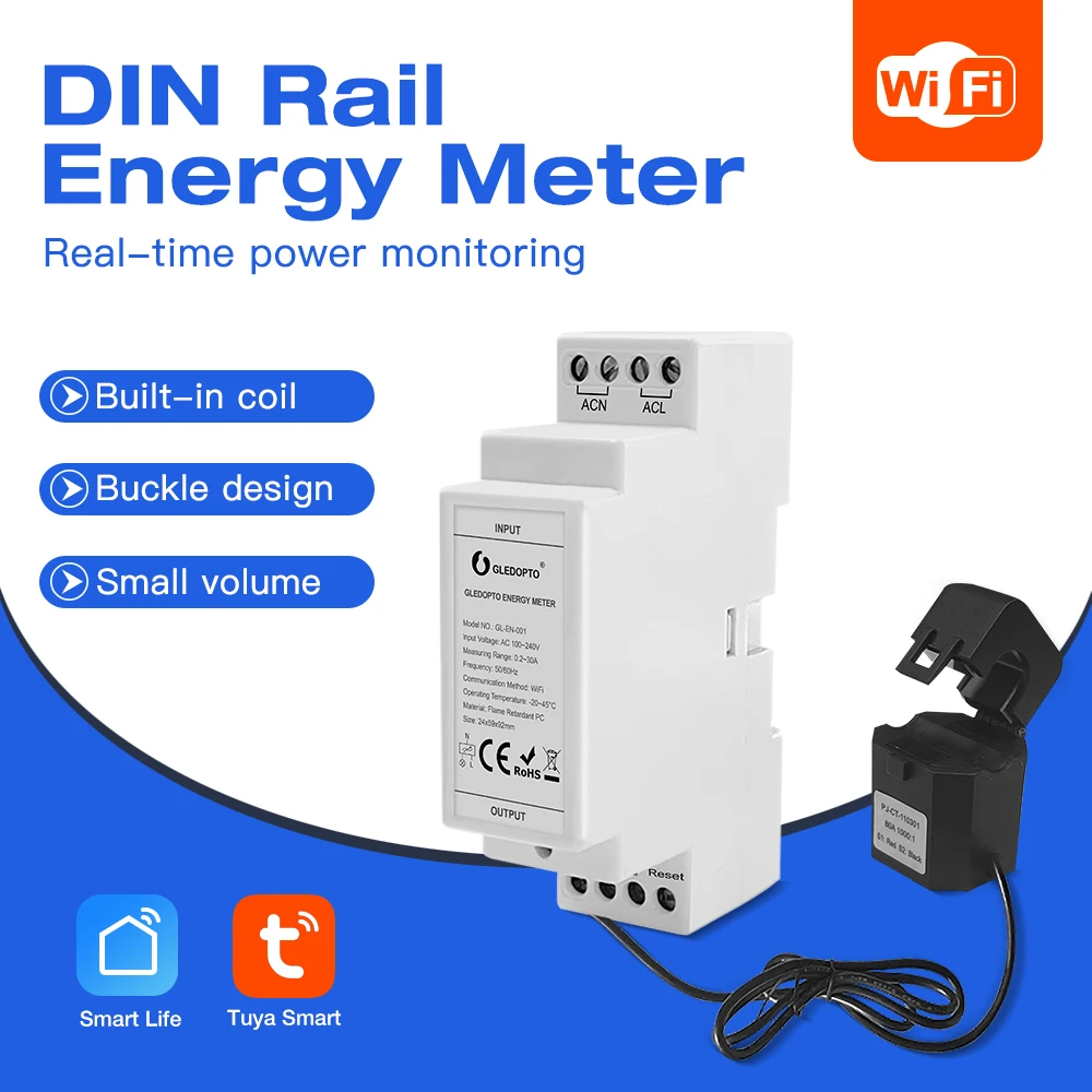 Gledopto WiFi Din Rail Power Meter Real Time Energy Monitoring Tuya