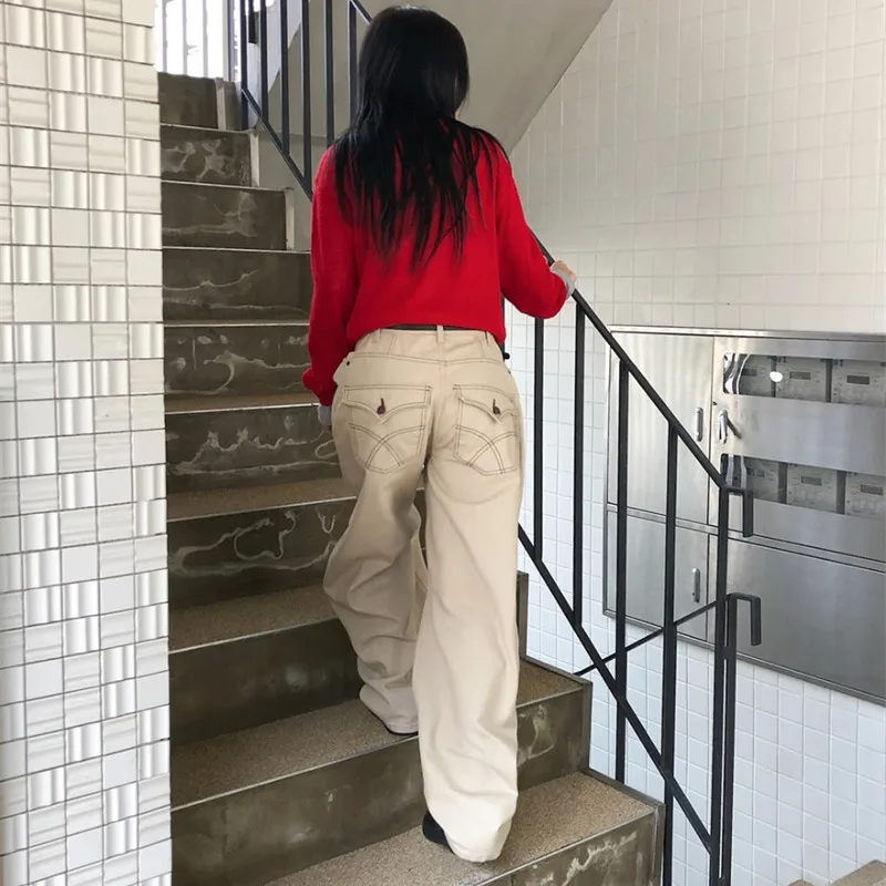 Casual Vintage Wide Leg Workwear Pants High Waist Denim Fabric All Match Loose Fit Trousers for Young Women Spring Season - 2