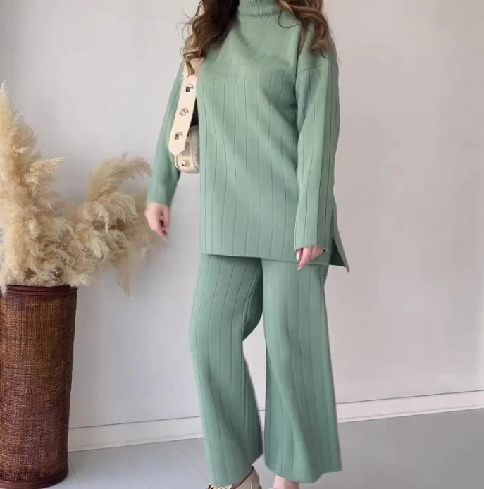 Women's Solid Round Neck Casual Loose Sweater & Wide Leg Pants Set New Winter Woman Fashion Trouser Two Piece Outfits
