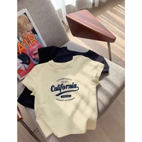 Pure Cotton White Casual ort Sve T-irt Women's Sle Summer Slim Fit American Retro Print oulder Length Top