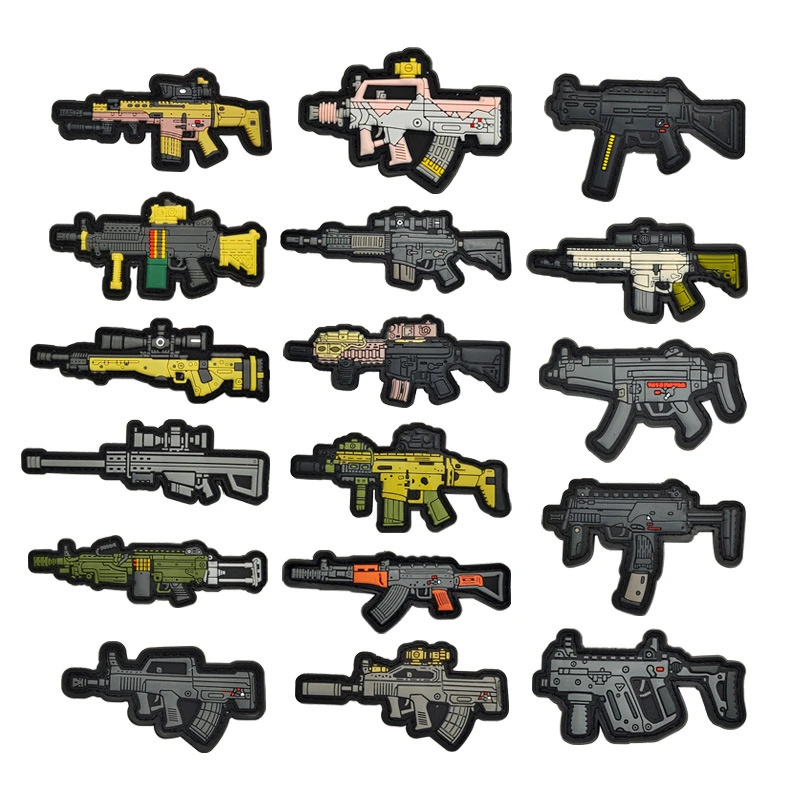 Parche de armas de fuego de dibujos animados en PVC 3D, pistola, Rifle,  submáquina, pistolas de francotirador, modelo de goma, pegatinas de bucle  de gancho para mochila de Airsoft, decoración DIY| | -