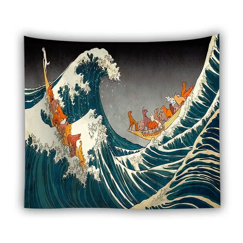 Japan Kanagawa Waves Printed Hanging Tapestry Whale Arowana Wall Hanging Tapestries Boho Bedspread Yoga Mat Blanket 200*148cm