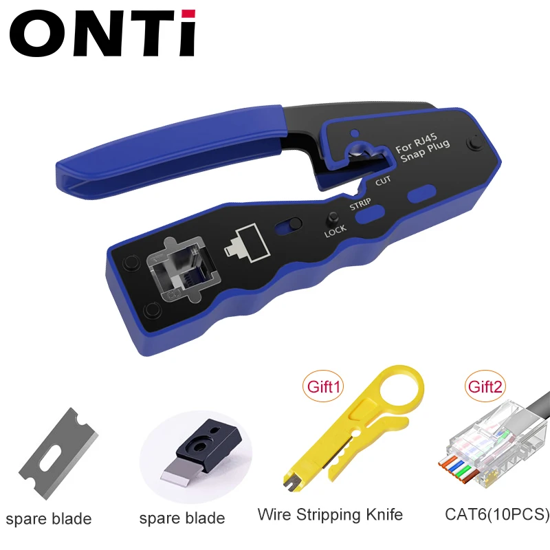 ONTi RJ45 Crimp Tool Pass Through Crimper for Crimping Cat8/7/6/5 Cat5e Connector with Replacement Blade Ethernet Cable Stripper elegiant cable tester Networking Tools