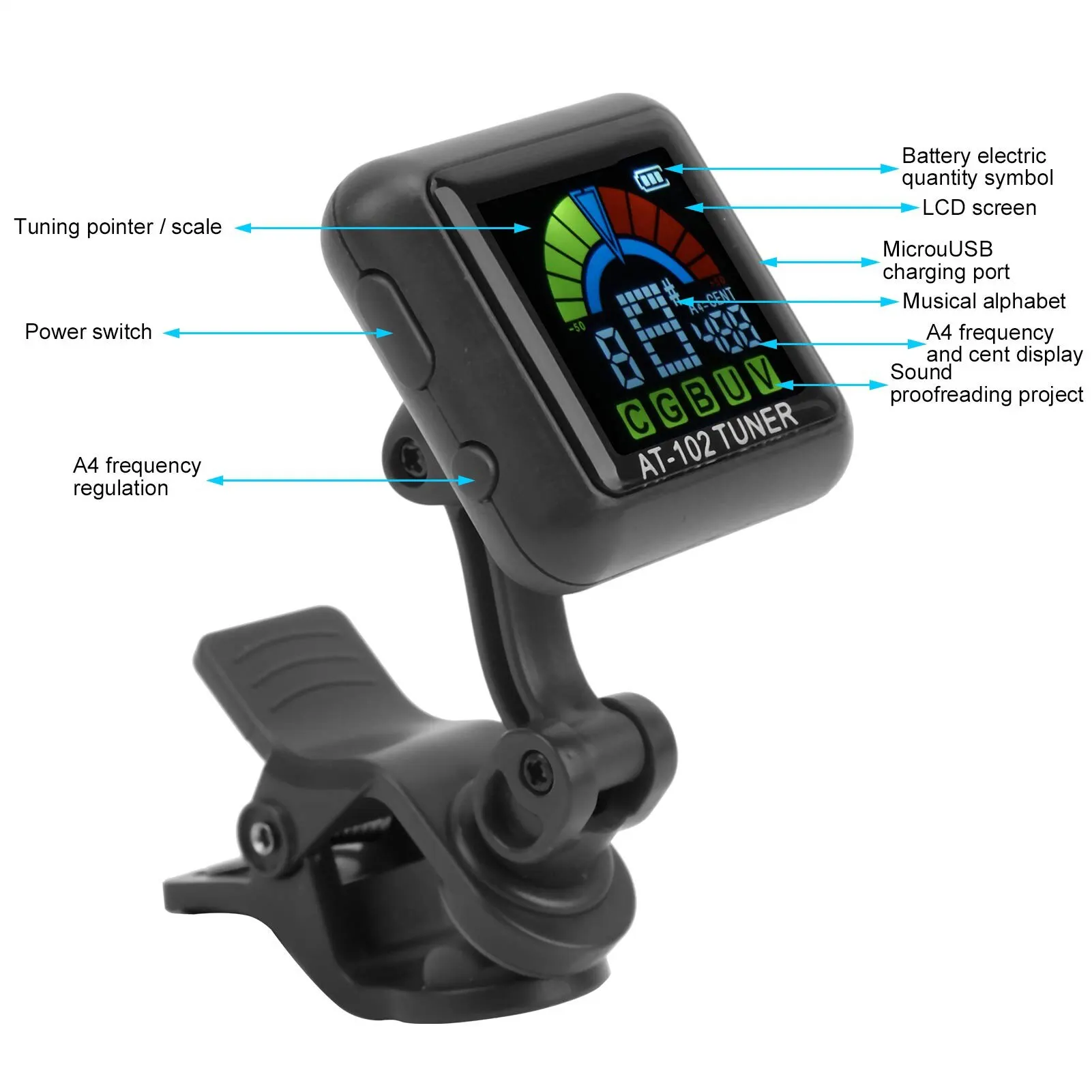 Guitar Tuner Electric Guitar Tuners Aroma AT-102 Guitar Tuner Violin Tuner Guitar Clip-on Tuner USB Rechargeable Built-in Battery Violin Ukulele