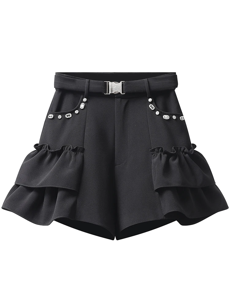 Black Color Diamonds  Women Mini  Shorts Pants High Waist Clip 2 Pockets  Ruffles Hip Hop  Lady Clothing maternity shorts Shorts