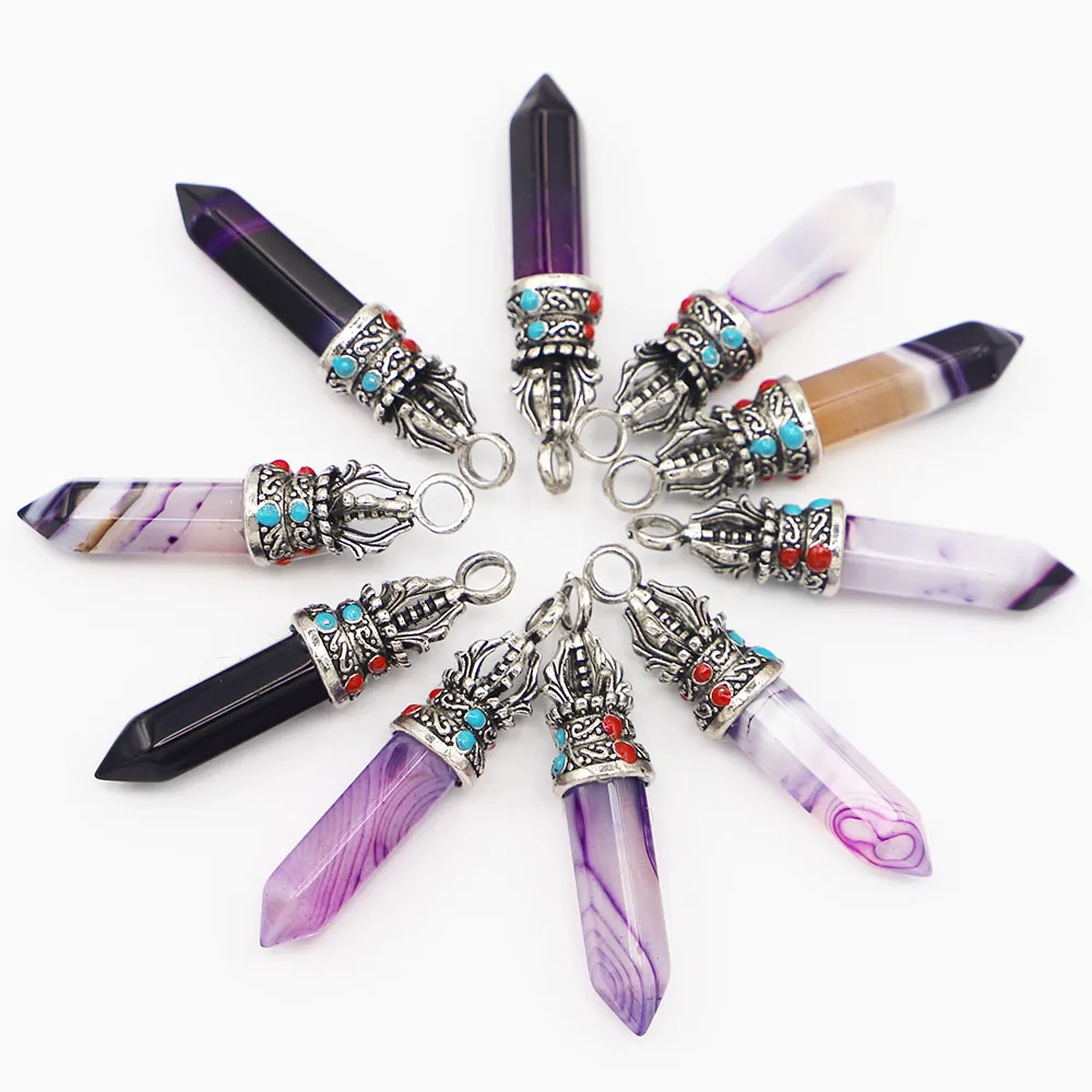 Free Shipping Natural Stone Hexagon Column Silver Crown Necklace Pendant Unisex Accessories DIY Jewelry Making Wholesale 20P/Lot