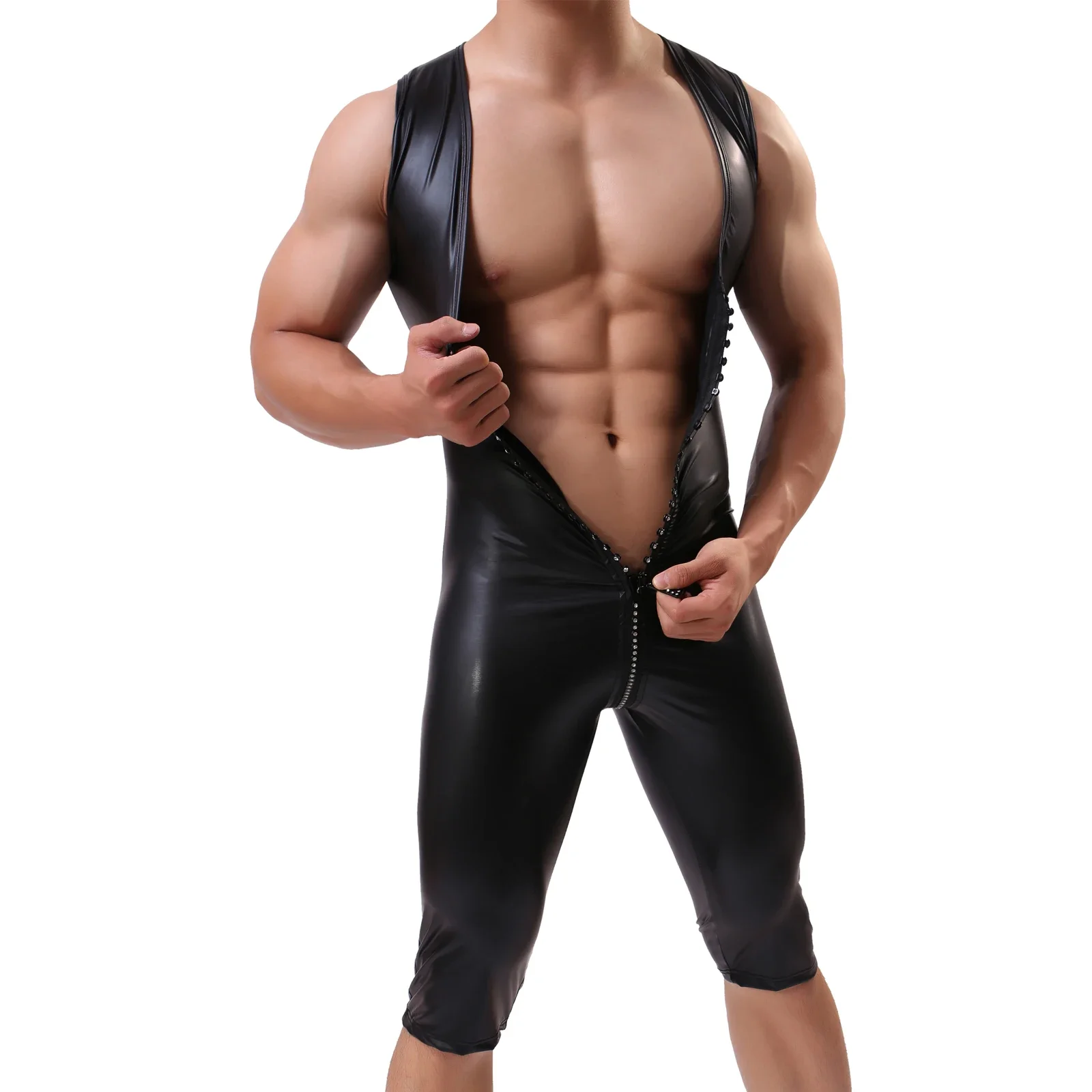 Sexy Men's Undershirts Sleeveless PU Leather Bodysuits Zipper Open Crotch Leotard Jumpsuits Underwear Gay Male Wrestling Singlet