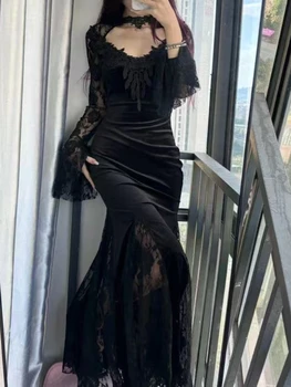 France Hepburn Lace Slim Black Dress Women Gothic Y2k Sexy Long Sleeve Patchwork Dresses Female Elegant Chic Summer Thin Clothes 1
