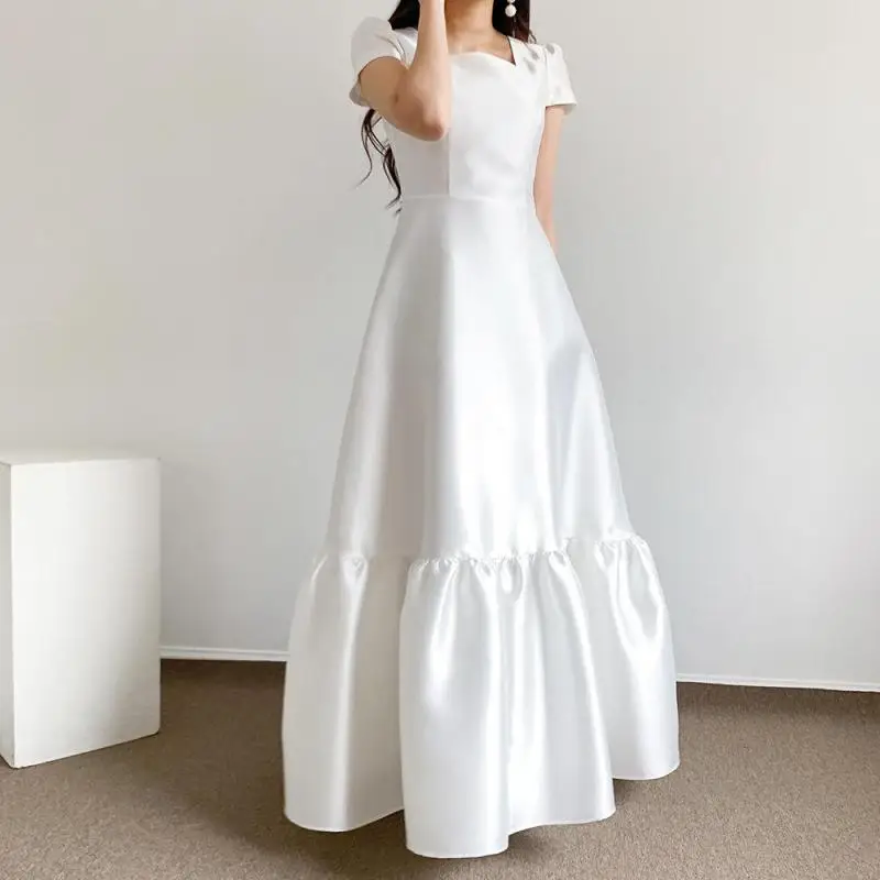 

Vintage Square Collar Simple Wedding Dresses New Satin Bridal Dress With Short Sleeve Elegant A Line Long Sukienka Na Wesele