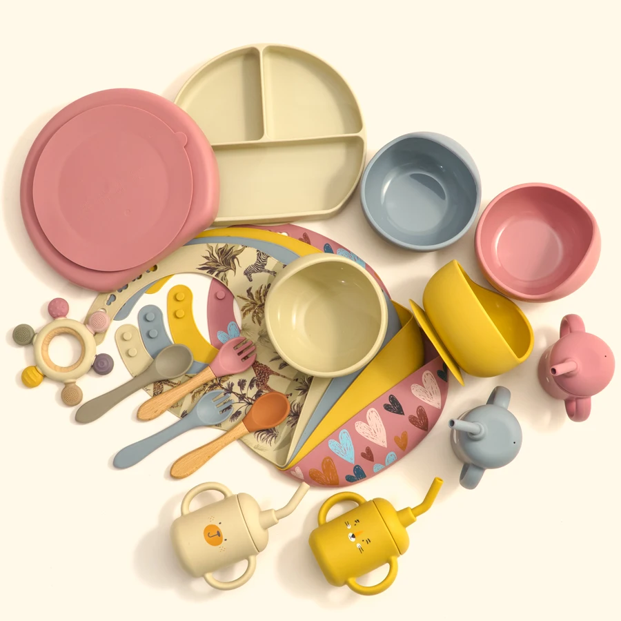 Baby Items Silicone Baby Cups Bowls Bibs Suction Dishes Utensils Sets Food Grade Silicone Stuff silicone meal set,silicone feeding set,baby tableware set