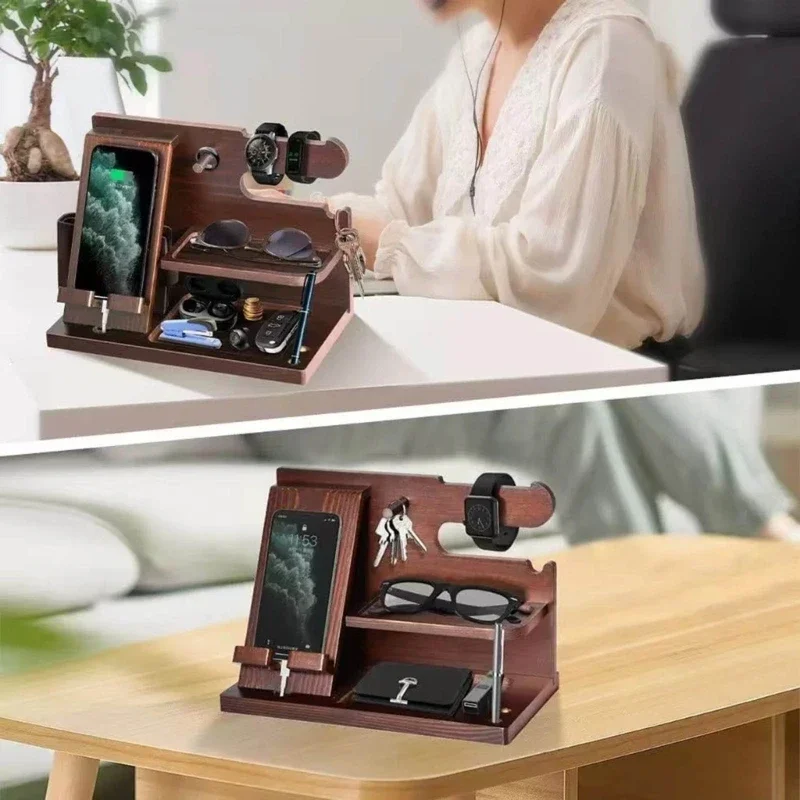 Wooden Bedside Wood Phone Docking Station Holder Wallet Stand Watch Storage Rack Valentines Multifunctional