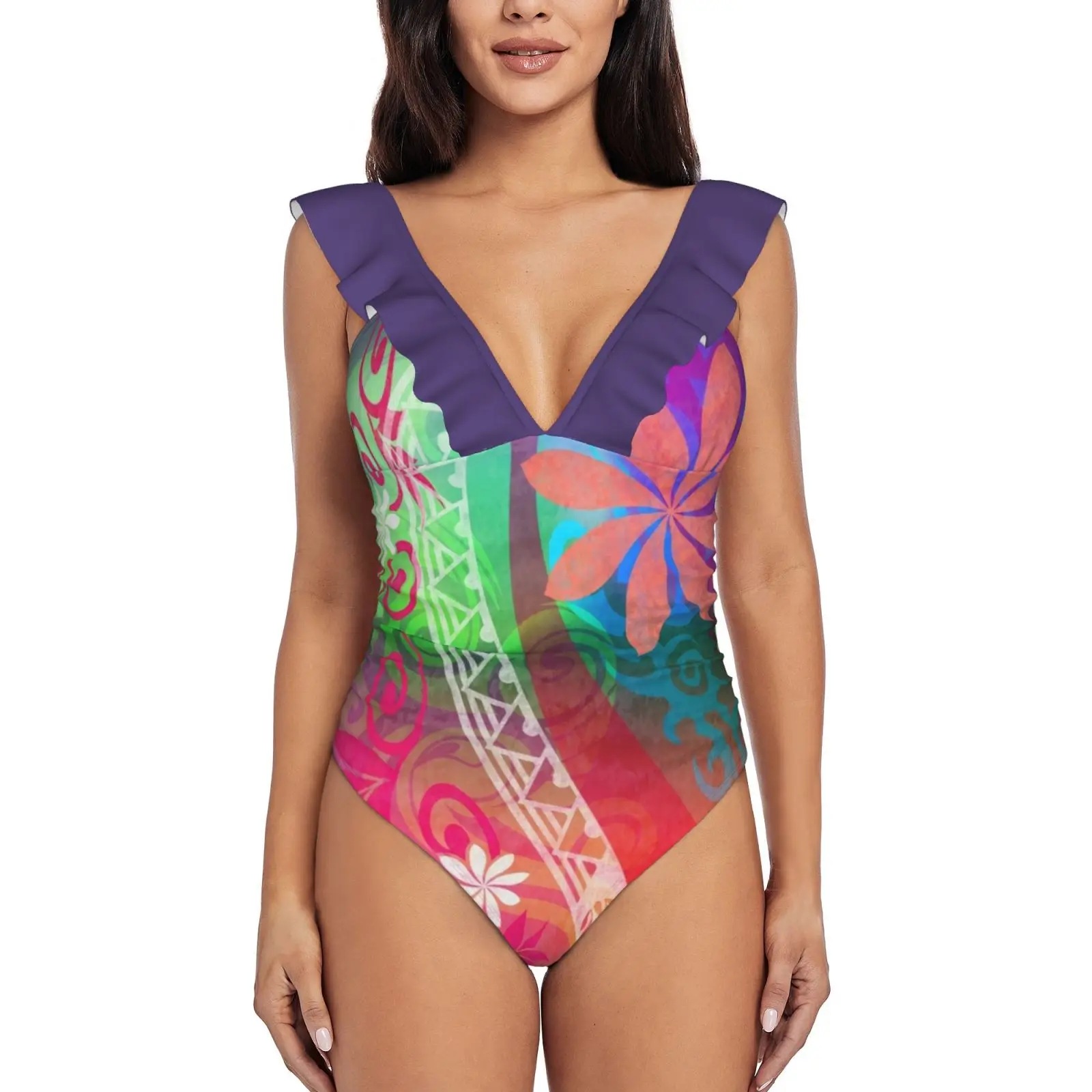 

Hawaiian-Samoan Tribal Tiare Watercolor One Piece Swimsuit High Quality Swimwear Printed Push Up Monokini Summer Bathing Suit