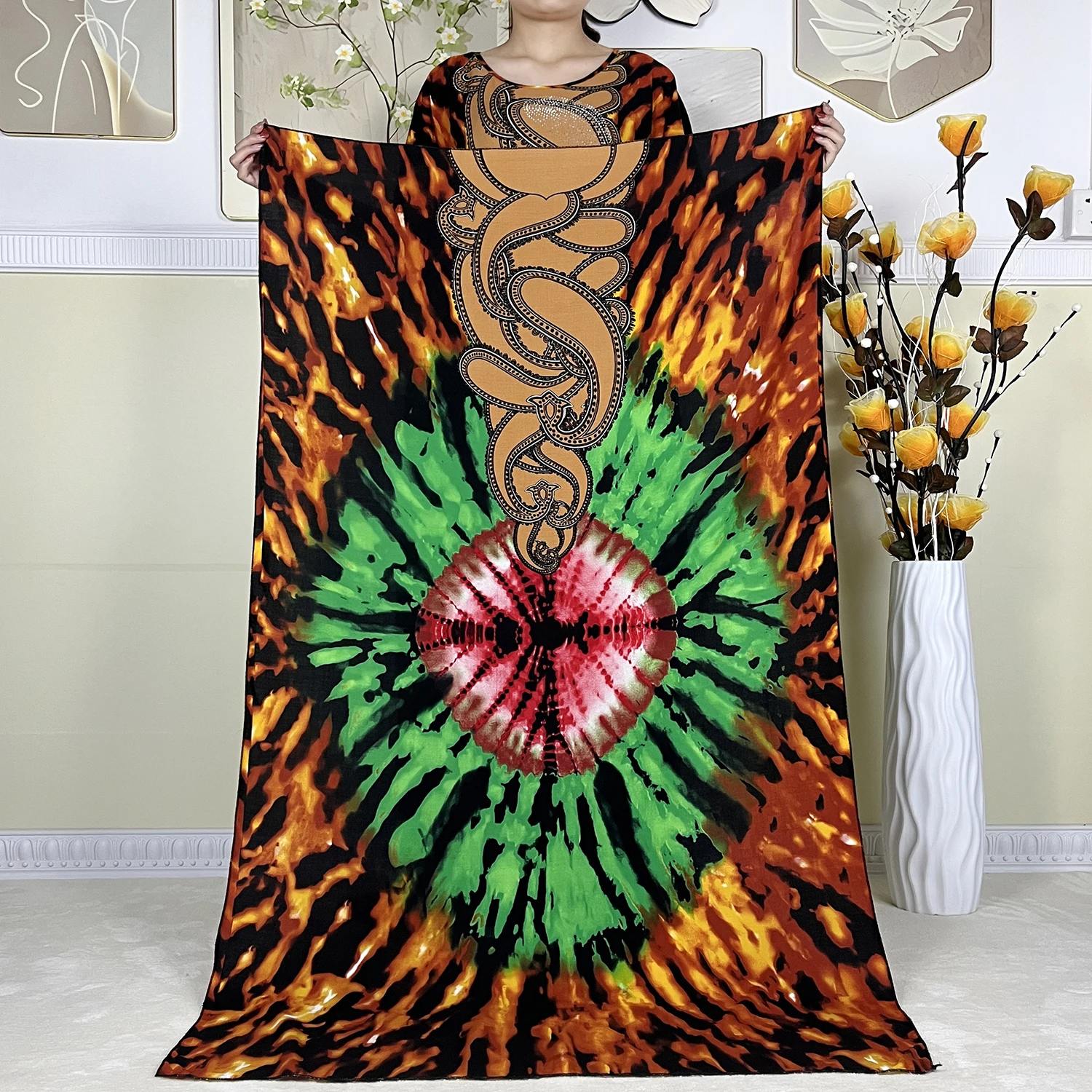 2024 New Muslim Women Dashiki Short Sleeved Dress Diamonds Printing Cotton Loose Robe Kaftan African  Women Dress With Big Scarf