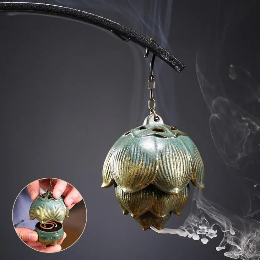 1 Pcs Creative Lotus Shape Hanging Ball Backflow Incense Ceramic Aromatherapy Furnace Hollow Incense Holder Home Decor