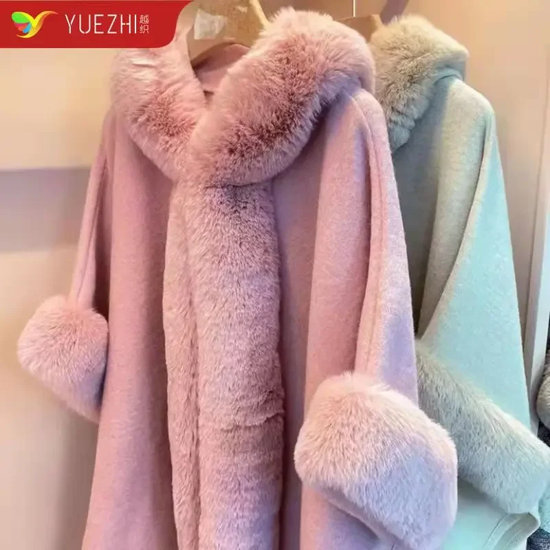 

Fashion Trends Faux Rex Rabbit Fur Coat Cape Hooded Tassels Wool Blends Cardigan Cloak Women Fall Winter Overcoat Poncho Wraps