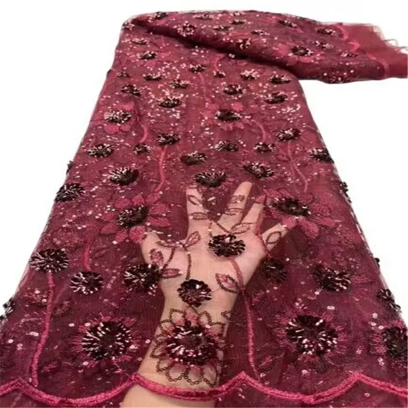 

2023 Red Newest French Tulle Lace Fabric Sequins 3D Emroiderey African Mesh Lace Fabric High Quality Sequins Lace For Wedding