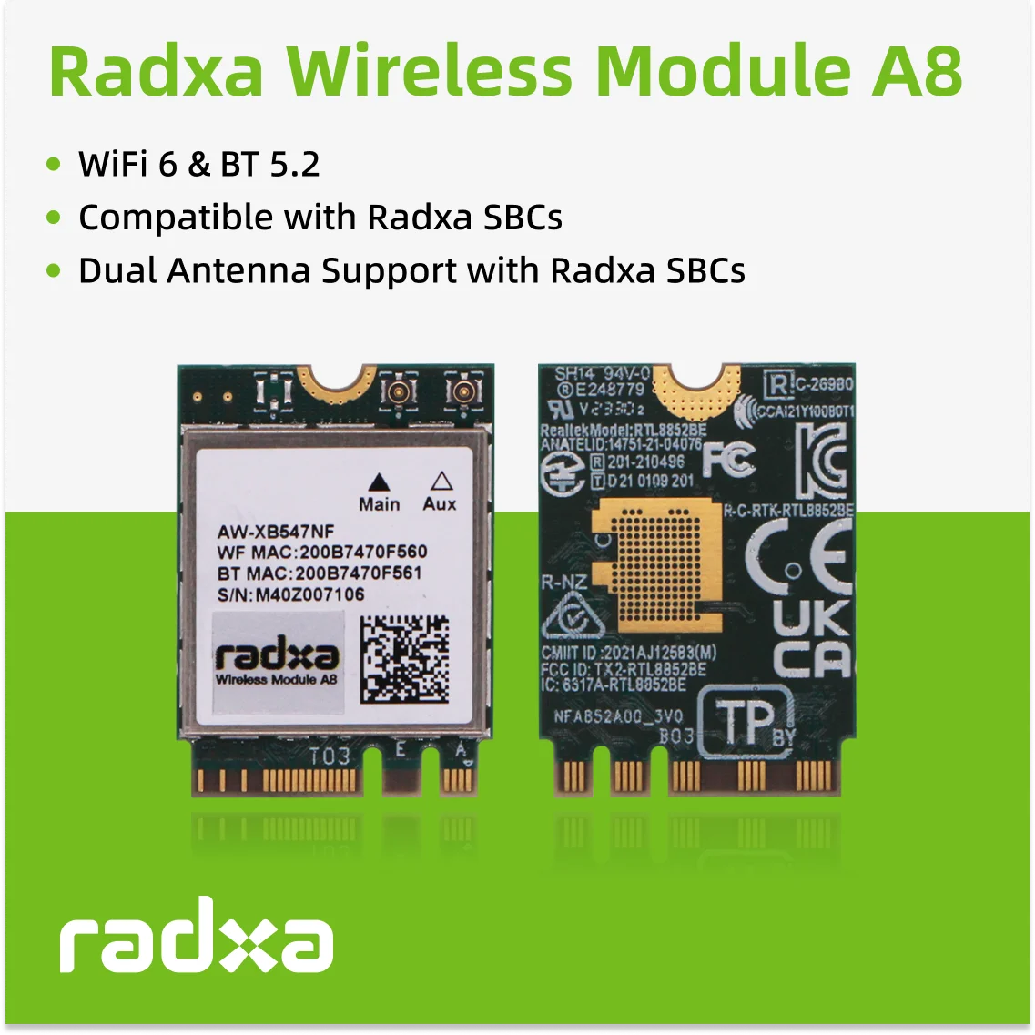 Wireless Module Radxa Wireless Module A8 WiFi 6 & BT 5.2 Dual Antenna Support M.2 E Key Interface