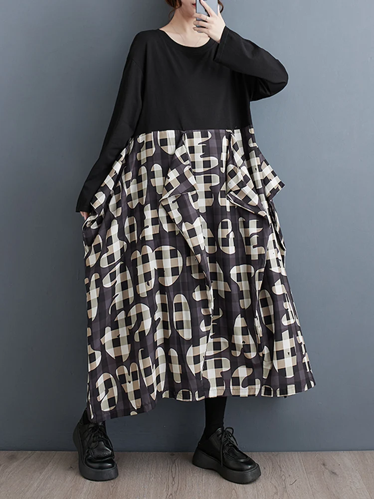 

Patchwork Vintage Print Dresses For Women Spring Autumn New Long Sleeve Loose Casual Dress Korean Fashion Elegant Clothes 2023