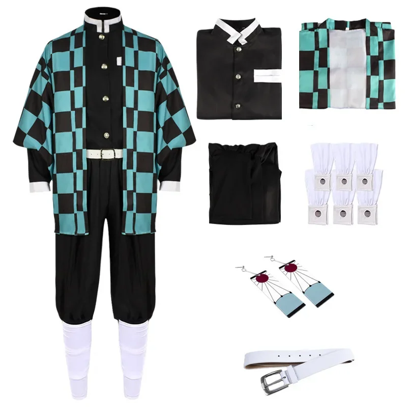 thumbnail image 1 of Disfraz de Cosplay de Kamado Tanjirou, espada Katana, accesorios, máscara, ropa de anime, conjunto de uniforme con gotas para las orejas, 1 of 5