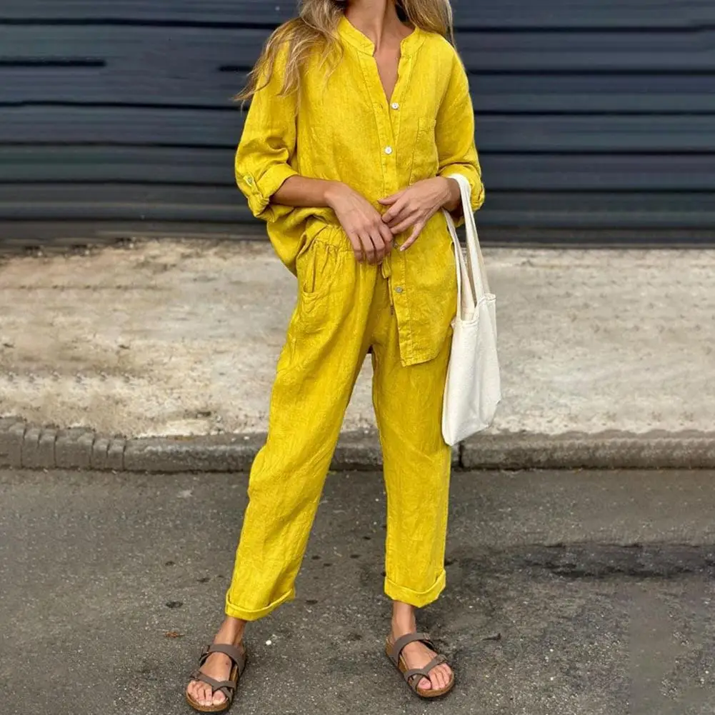 

Костюм женский Универсальный однотонный, домашний комплект, топ с V-образным вырезом и широкие брюки, удобный стильный наряд для повседневной носки