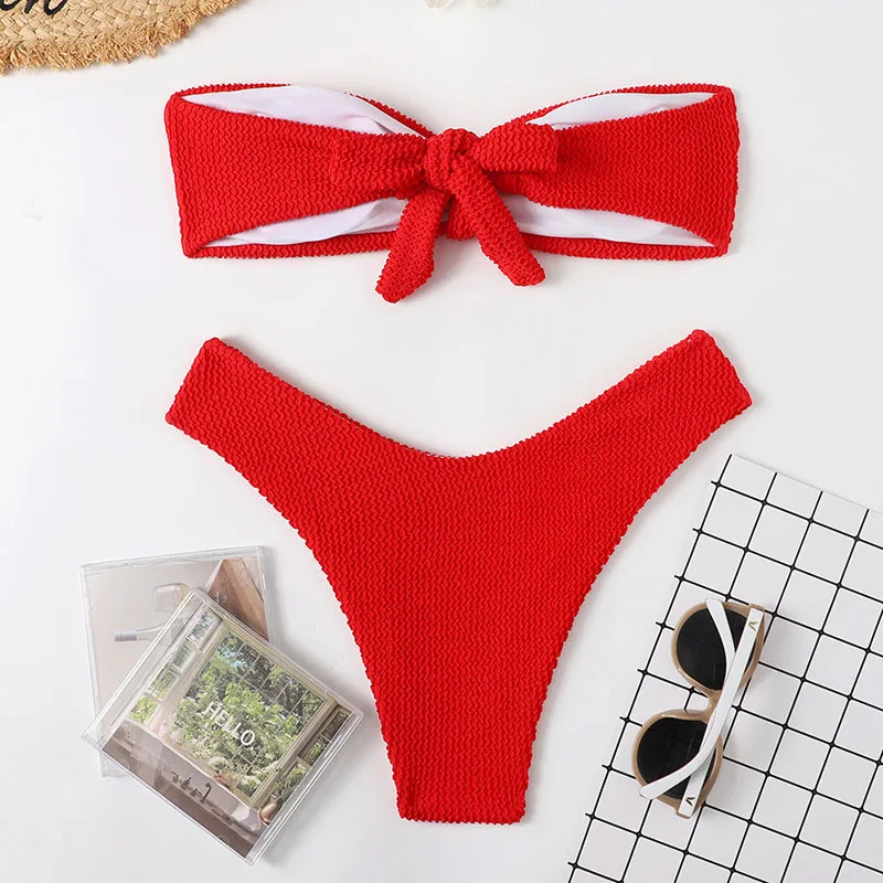 Swimsuits Women Candy Colors Sexy Swimwear Bather High Waist Push Up Bandeau Bikini Set Bathing Suits Beachwear Biquini Mujer strapless bikini set