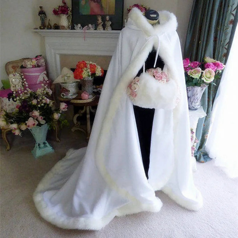 Whte Women's Weddng Cloak Coat Wth Hoods Wnter Long Jacket Brdal