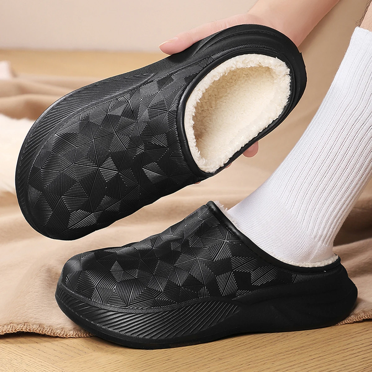Thick Sole Home Indoor Outside Men And Women Couples waterproof Winter Household Warm Fluffy Slippers Plush Cotton Shoes Ladies — view 5