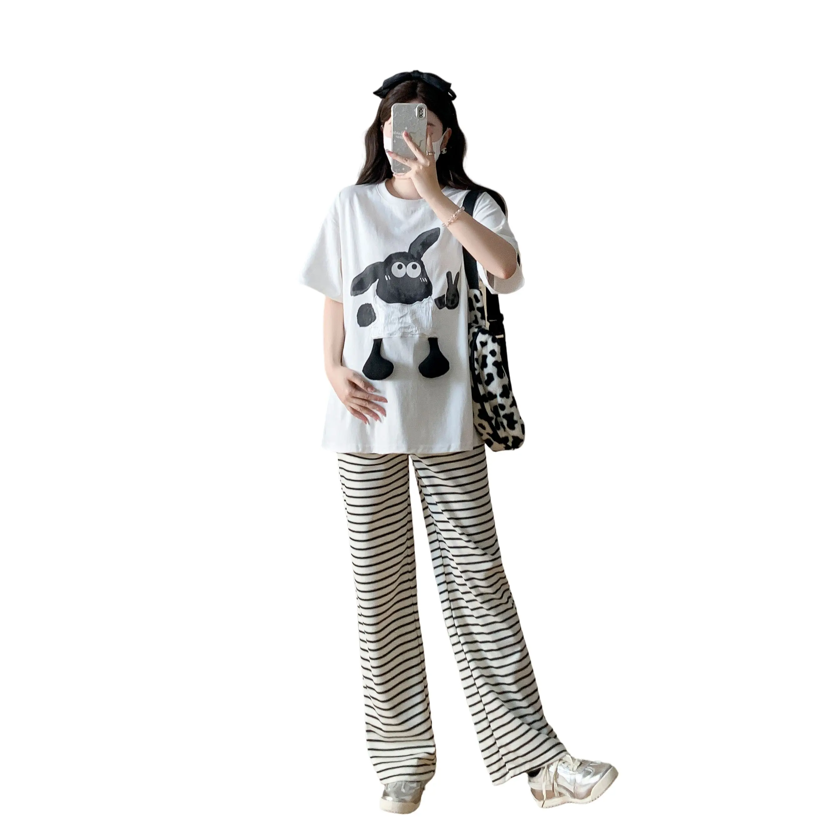 여름 임부복 세트 2025 신상 한국 버전 3D 순면 반팔 스트라이프 와이드 팬츠 투피스 세트