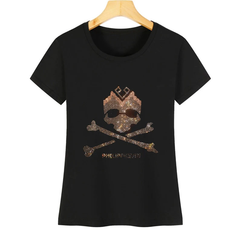 

Футболка женская с коротким рукавом, базовая хлопковая рубашка с рисунком черепа, с бриллиантами, Топ хорошего качества