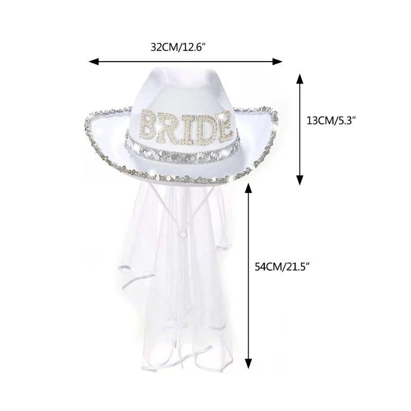 Funny Cowboy Cowgirl Bride Hat with Mesh Veil Rhinestones Bride Letter Wide Brim Hat Bachelorette Wedding Party Props