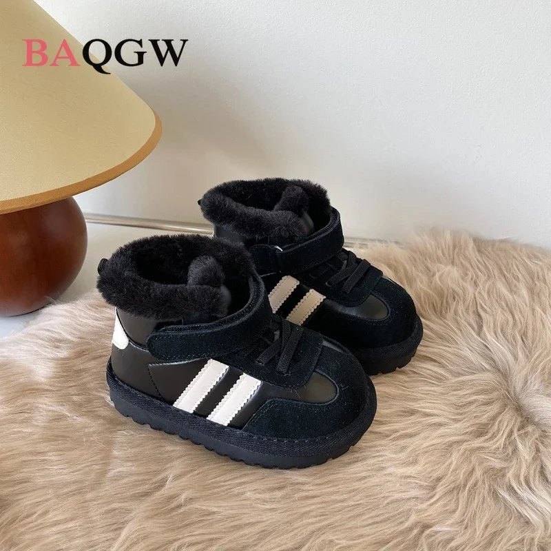 Baby Shoes Baby Boots Winter Snow Boots Autum Winter Children Snow Boots Boys New Striped Design Warm Plush Snow Boots Girls Patchwork Non-slip Infant Size 15-30