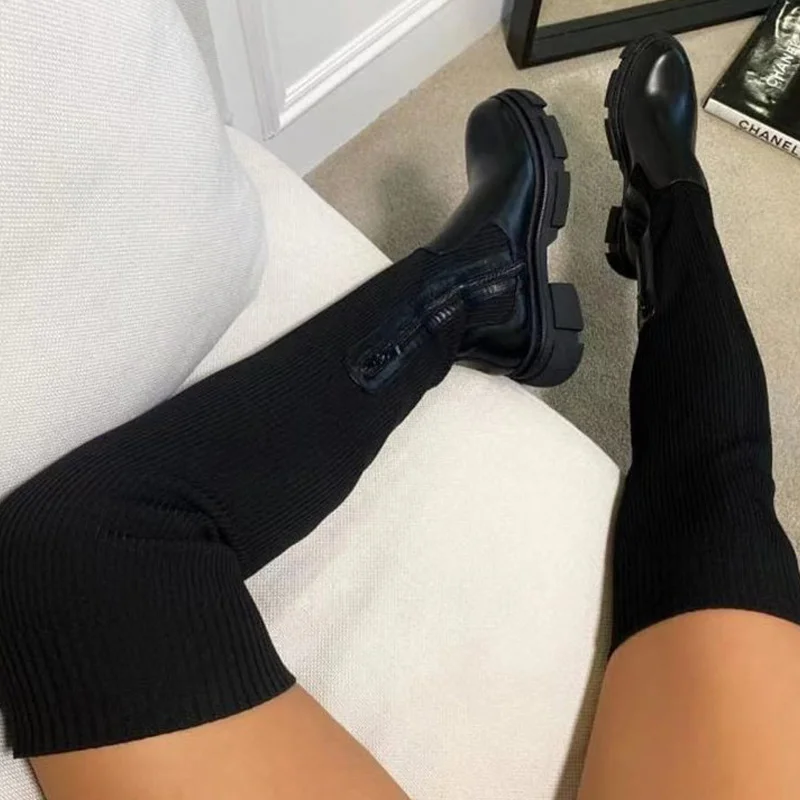 Pmwrun Over The Knee Spring and Autumn Stitching Knitted Vertical Pattern Fashion Platform Boots Socks Shoes Women's Boots platform thigh high boots