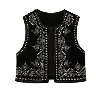 Zevity Women Vintage O Neck Sequins Flower Embroidery Short Vest Jacket Ladies Sleeveless Casual Velvet WaistCoat Tops CT3020