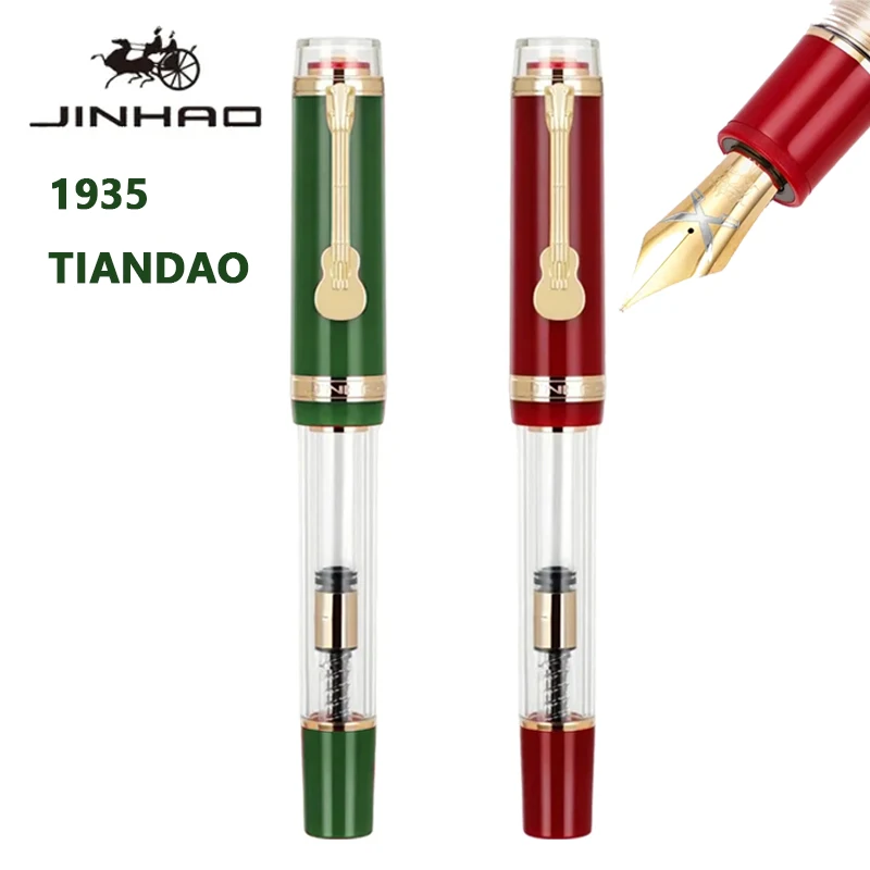 Jinhao 1935 Tiandao Penna Stilografica, pennino fine 8, clip per chitarra dorata, acrilico blu e trasparente, con convertitore