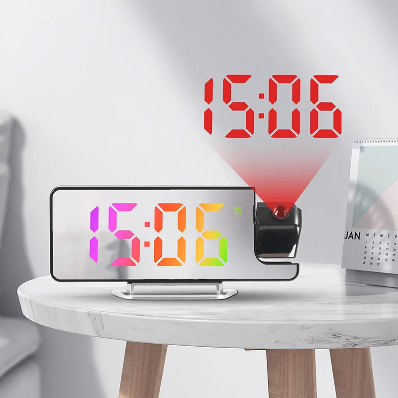 디지털 알람 시계, 온도 스누즈 테이블 시계, 180 ° 회전 시간 투영 알람 시계, 12/24H USB 프로젝터 LED 시계