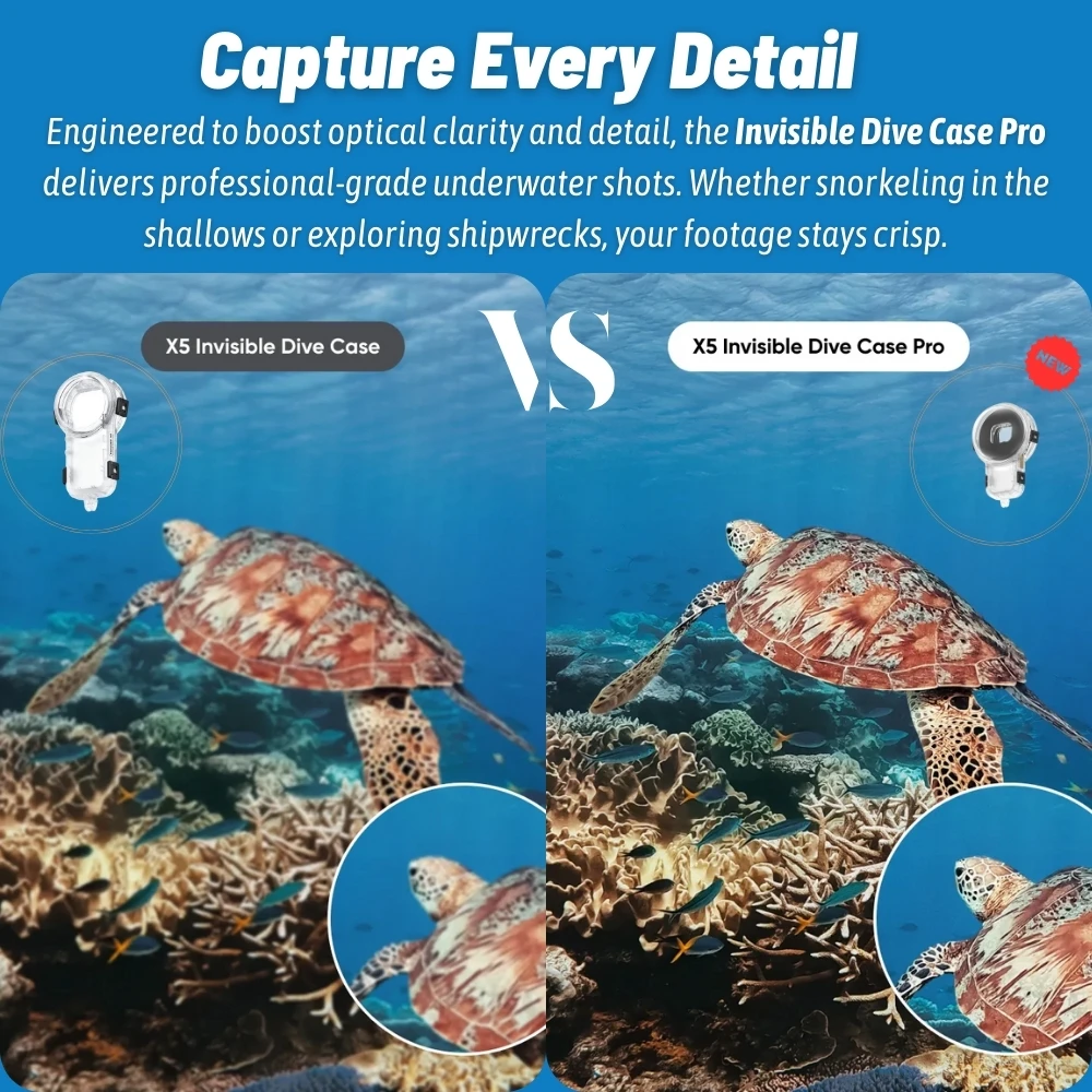 Boîtier de plongée invisible Insta360 X5 Pro avec joint d'étanchéité visible pour 50 mètres