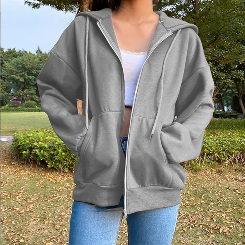 Autumn Fleece Hoodie Solid Color Hooded Korean Fashion Sweatshirts Long Sleeve Top Drawstring Pockets Loose Zipper Black Hoodies 3