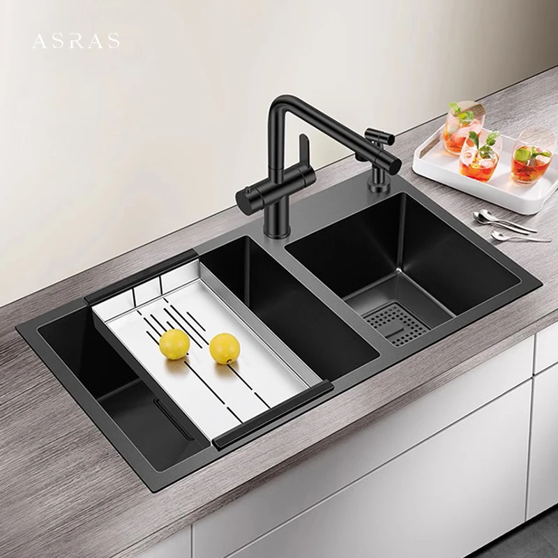 ASRAS 7843 And 8245 Nanometer Double Bowl Kitchen Sink 304 Stainless Steel Large Size Handmade Nano Technology Double Sinks