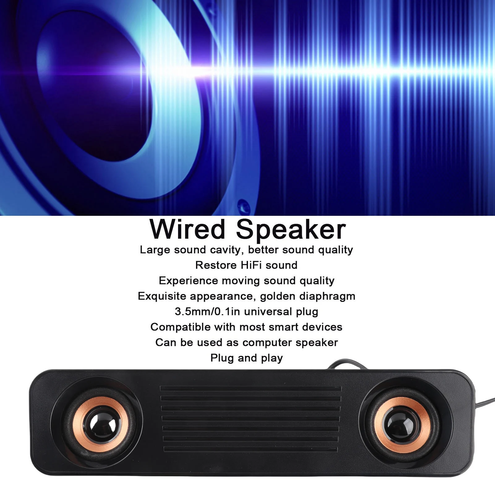 유선 스피커 HiFi 스테레오 서브우퍼 USB 전원 공급 3.5mm 플러그 TV 컴퓨터용 휴대용 데스크탑 롱 스피커