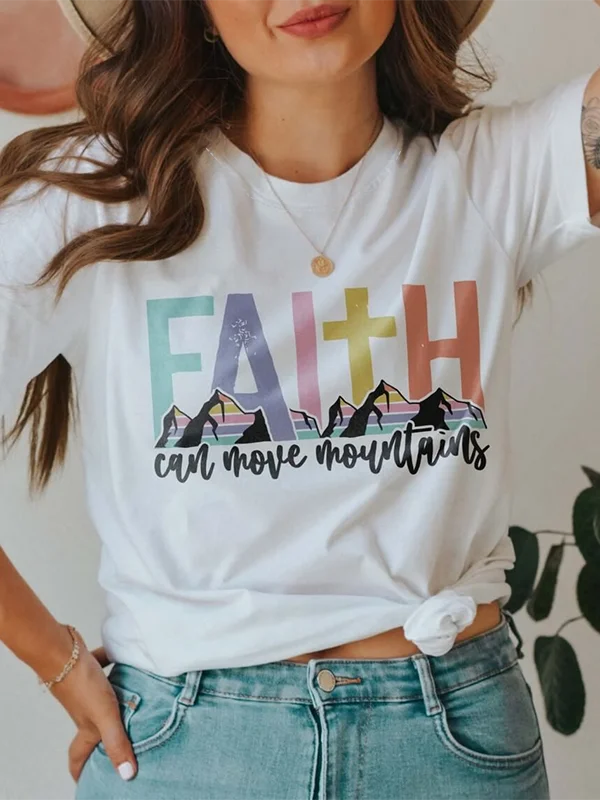 

Cartoon Faith Can Move Mountains Slogan Female Shirt Cute Mountain Range Print Women T-shirt Hot Sale Fashion Casual Girl Tee