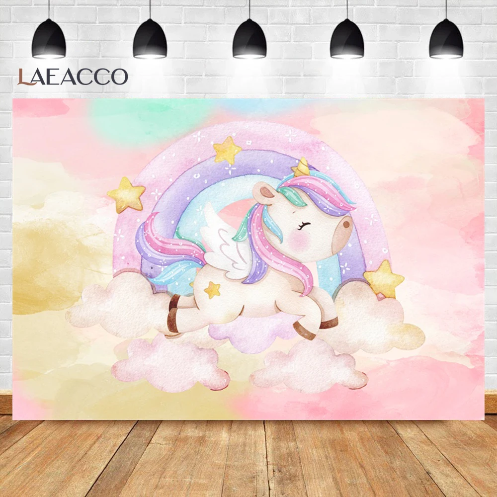Rainbow Unicorn Happy Birthday Photo Backdrop Dreamy Shiny Star Backgrounds Banner Baby Shower Party Photographic Decor